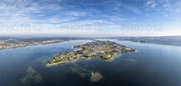 Aerial view, panorama of the island of Reichenau in Lake Constance, district of Constance,