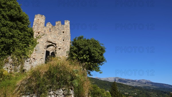 Ancient ruined tower with neighbouring trees against a picturesque blue sky and mountain backdrop,