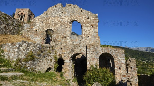 Church of Agia Sophia from the 14th century AD, view of ruins with stone walls and arches in a