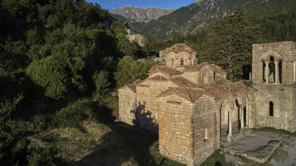 Drone shot, Church of Agia Sophia from the 14th century AD, An old church with ruins in the