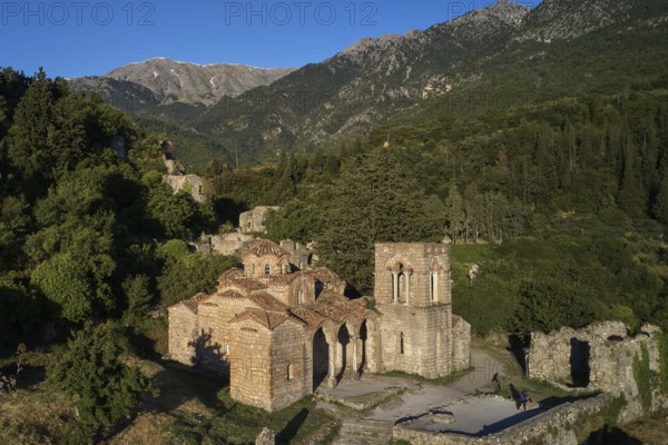 Drone shot, Church of Agia Sophia from the 14th century AD, Old Byzantine church in a quiet