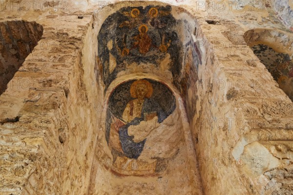 Church of Agia Sophia from the 14th century AD, Ancient frescoes on a wall depicting religious