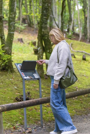 Woman reading an information board in a wooded area, Affenberg Salem, Lake Constance district,