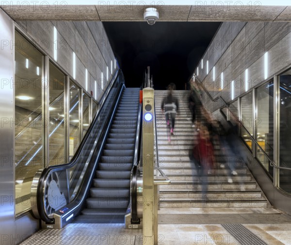 Night photo, long exposure with motion blur, modern underground entrance at Unter den Linden