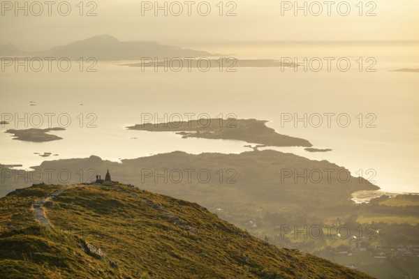 Cairns and view over islands and sea, evening mood, Rørsethornet stone staircase, with 3292 steps