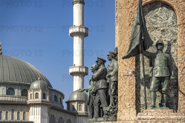 The Cumhuriyet Aniti Republic Monument and the Taksim Mosque on Taksim Square Taksim Meydani in