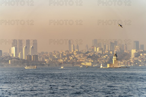 The Maiden Tower lighthouse, Leander Tower or Maiden Tower in front of the skyline of Istanbul,