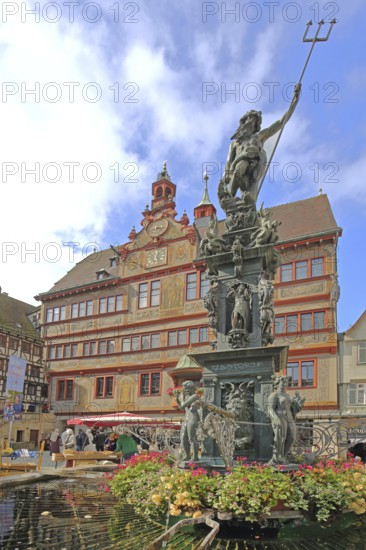 Neptune Fountain with sculpture of Neptune Roman god of the sea with trident, Renaissance Town