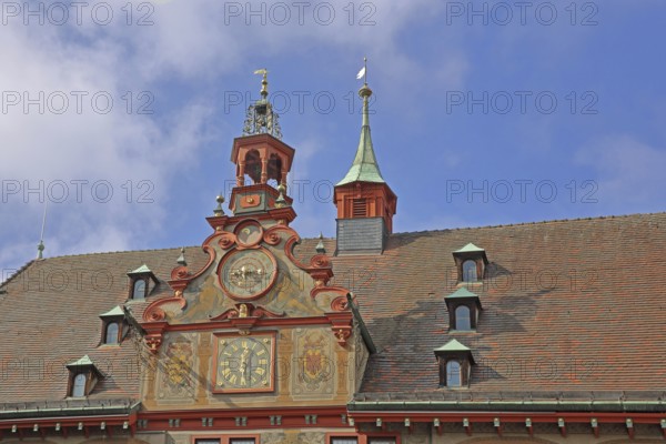 Astronomical clock on the gable of the town hall, Renaissance, decorations, wall painting, ridge