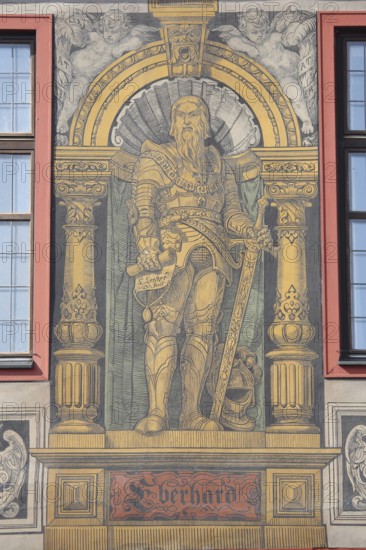 Mural with medieval count, Duke Eberhard in the beard, Eberhard I of Württemberg with sword and