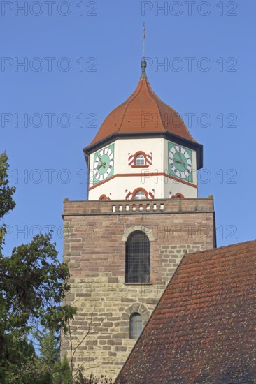 Historic Roman tower built in 1746, landmark, clocks, town tower, Haigerloch, Swabian Alb,