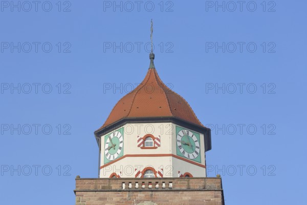 Historic Roman tower built in 1746, clocks, spire, detail, cut-out, town tower, landmark,