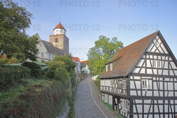 Roman tower built in 1746 and half-timbered house, landmark, town tower, Haigerloch, Swabian Alb,