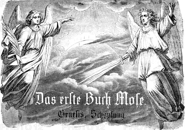 First Book of Moses, Genesis, creation story, two angels with sword and palm branch hovering over