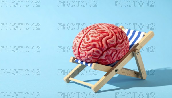 Brain relaxes on a sunbed under the summer sun, placed on a flat surface, symbol for mental health,