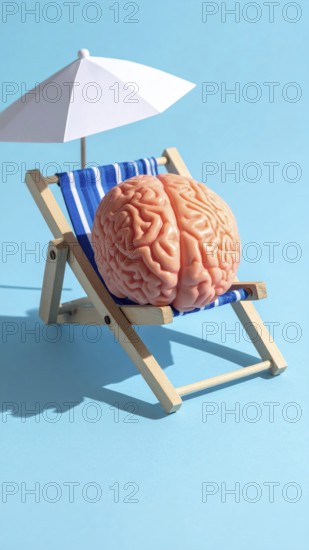 Brain relaxes on a sunbed under the summer sun, placed on a flat surface, symbol for mental health,