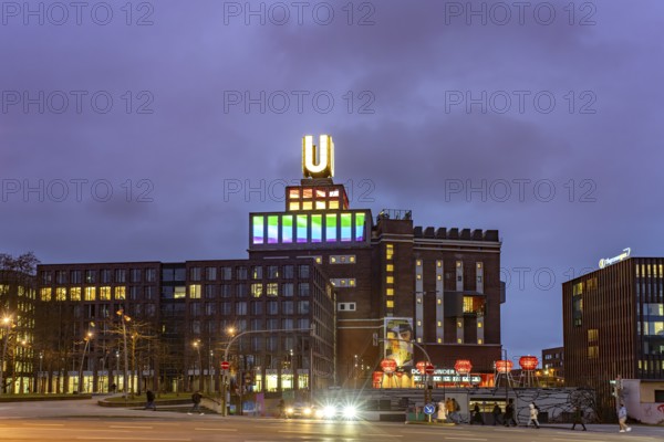 Dortmund landmark U, centre for art and creativity in the former Union Brewery at dusk, Dortmund,