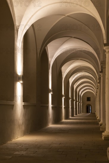 Pillars and archway in the stable courtyard, artificial light, Residenzschloss, Neustadt, Dresden,