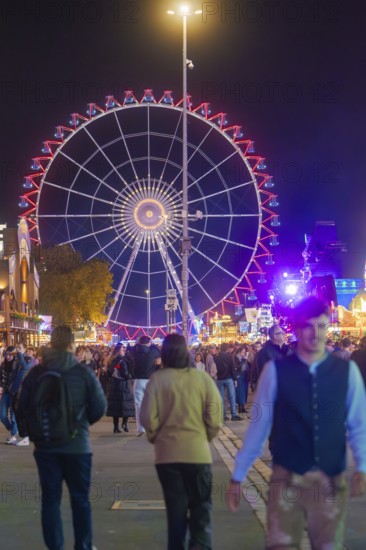 Large Ferris wheel at night, surrounded by a lively crowd, Cannstatter Wasen folk festival,