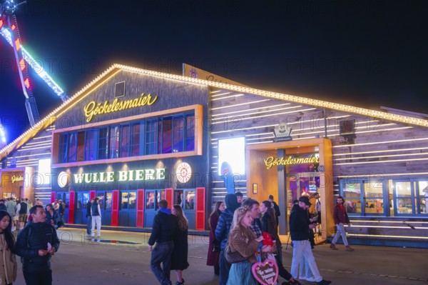 Illuminated building at night at the funfair with people passing by, Cannstatter Wasen funfair,