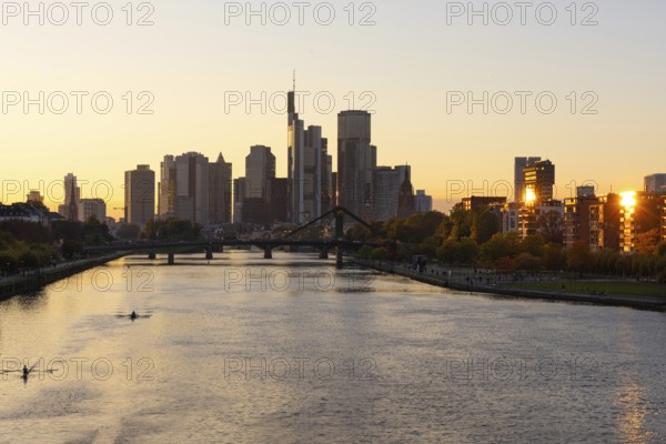 The trees on the banks of the River Main glow with autumnal colour in the light of the evening sun,