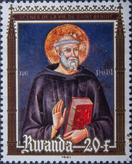 Benedict of Nursia (480-543), monk and founder of the Benedictine Order. Portrait on Rwandan