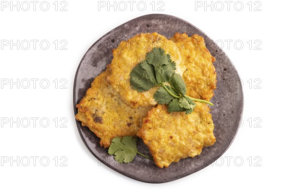 Fried crispy Chicken pancakes isolated on white background. top view, flat lay, close up