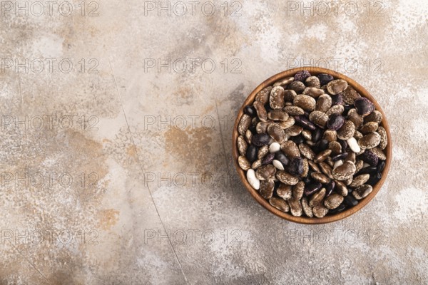 Wooden bowl with Kidney beans on brown concrete background, top view, flat lay, copy space,