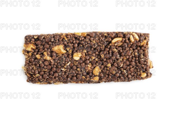 Granola bar with chocolate, caramel, nuts, flakes isolated on white background. Top view, flat lay,