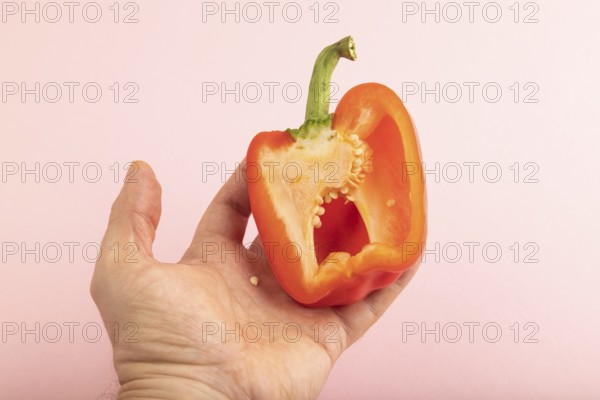 Hand holding sliced Red Cutted pepper on pink pastel background. Side view, copy space. Tropical,
