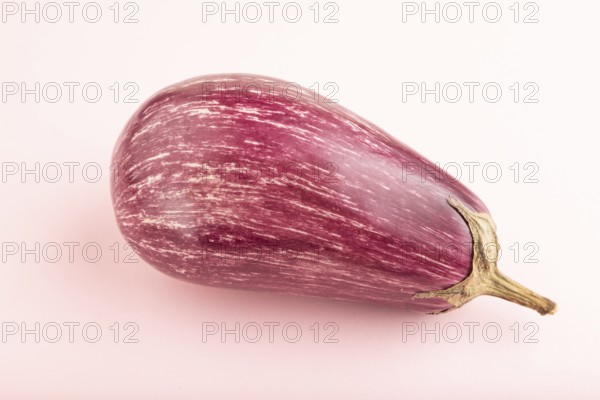 Purple eggplant with white stripes on pink pastel background. Side view, copy space. Tropical,