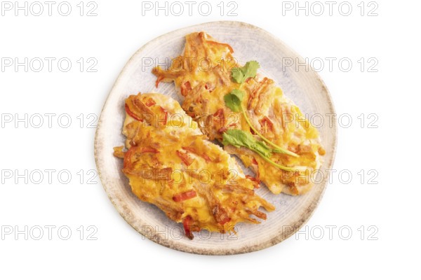 Baked chicken meat with cheese and tomatoes isolated on white background. top view, flat lay, close
