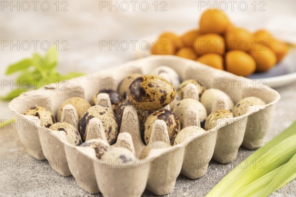 Pile of Smoked Quail eggs on plate on a brown concrete background. side view, close up, selective