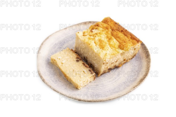 ?ottage cheese ?asserole, Curd cake, with dried apricots and raisins Isolated on white background,