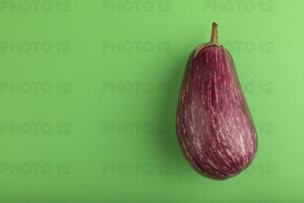 Purple eggplant with white stripes on green pastel background. Top view, flat lay, copy space.