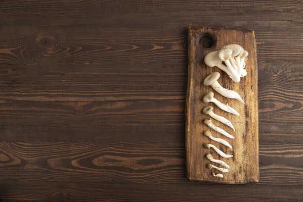 Raw Oyster mushroom, Pleurotus ostreatus on cutting board on brown wooden background. Top view,