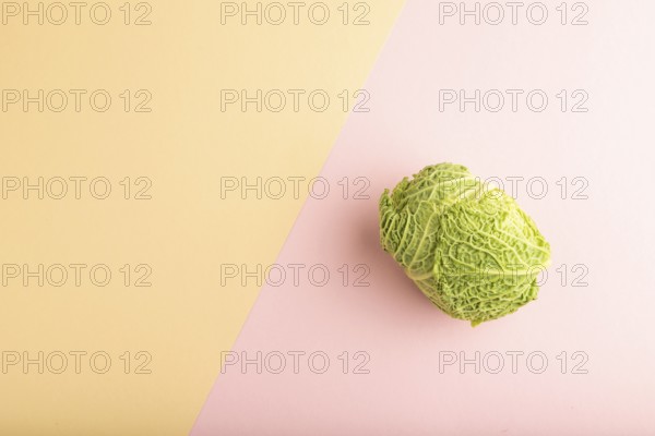Green lettuce on pink and orange pastel paper background. Top view, copy space, flat lay. healthy