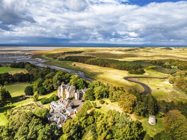Luffness Castle from a drone, Aberlady, East Lothian, Scotland, UK