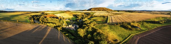 Panorama of Ruins of Hailes Castle over River Tyne from a drone, East Linton, East Lothian,