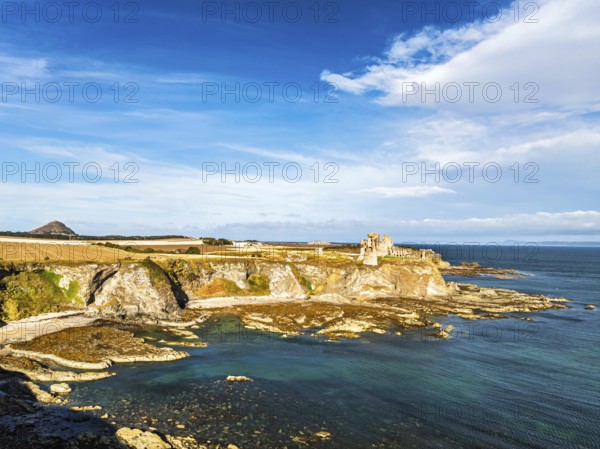 Ruins of Tantallon Castle from a drone, North Berwick, East Lothian, Scotland, UK