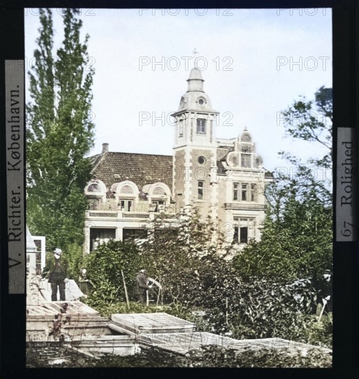 Garden and mansion house at Rolighed, Skodsborg, Denmark, c 1900 where Hans Christian Andersen died