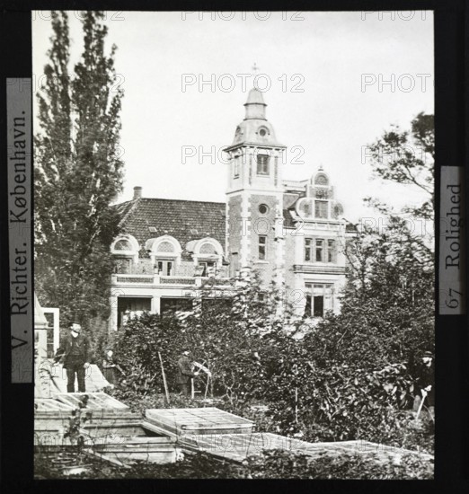 Garden and mansion house at Rolighed, Skodsborg, Denmark, c 1900 where Hans Christian Andersen died