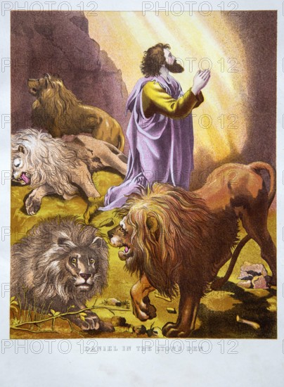 Nineteenth century Victorian Bible story illustration in Chromo-Lithography, Daniel in the Lion's