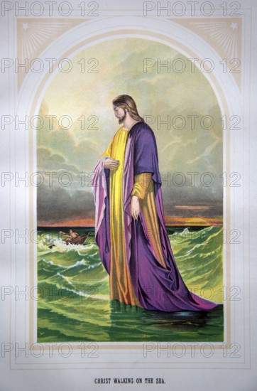 Nineteenth century Victorian Bible story illustration in Chromo-Lithography, Christ Walking on the