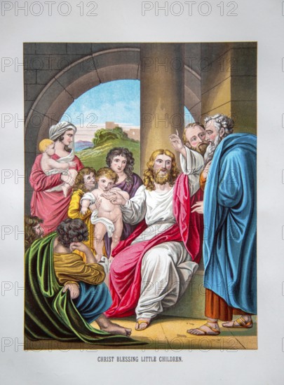 Nineteenth century Victorian Bible story illustration in Chromo-Lithography, Jesus Christ Blessing