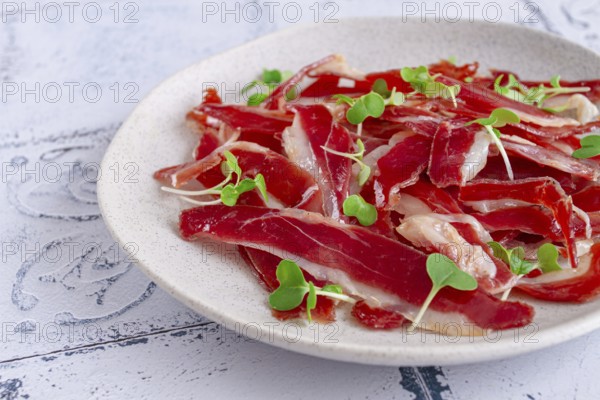 Ham of duck breast, dried duck fillet, with microgreens, plate, on a tiled table