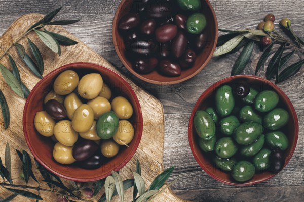 A mixture of olives, varieties of chalkidiki, Verdi giganti and Kalamata, in a bowl, top view, no