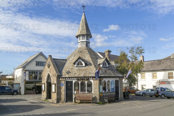 Historic octagonal market house building from 1862, village centre market place, Chagford, Devon,