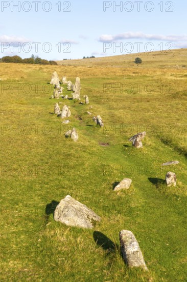 Rows of standing stones at Merrivale prehistoric ceremonial complex Dartmoor national park, Devon,