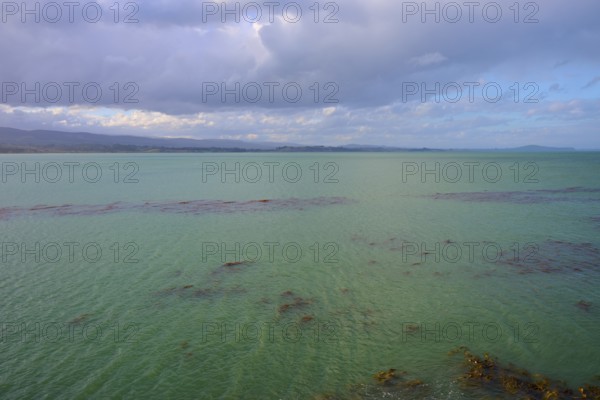 Grünes Wasser Meer breitet sich unter einem bewölkten Himmel aus, Moeraki, Hampden, North Otago,